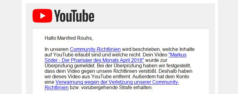 Youtube sperrt Söder-Video